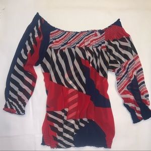 Bebe off the shoulder sheer top graphic print
